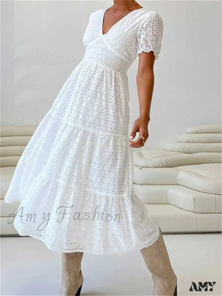 Amy Fashion - Elegant Women Summer Short Sleeve A-Line Solid V-neck Lace Floral Backless Tie-up  Party Vestido