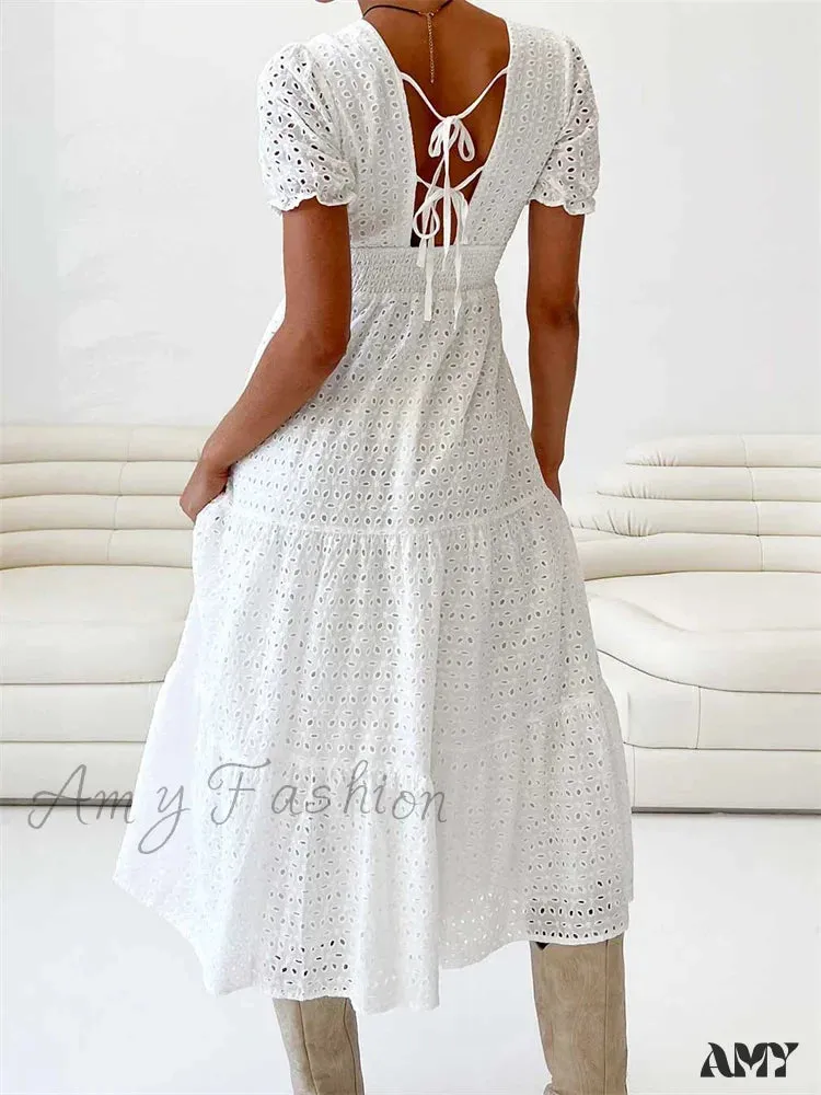 Amy Fashion - Elegant Women Summer Short Sleeve A-Line Solid V-neck Lace Floral Backless Tie-up  Party Vestido