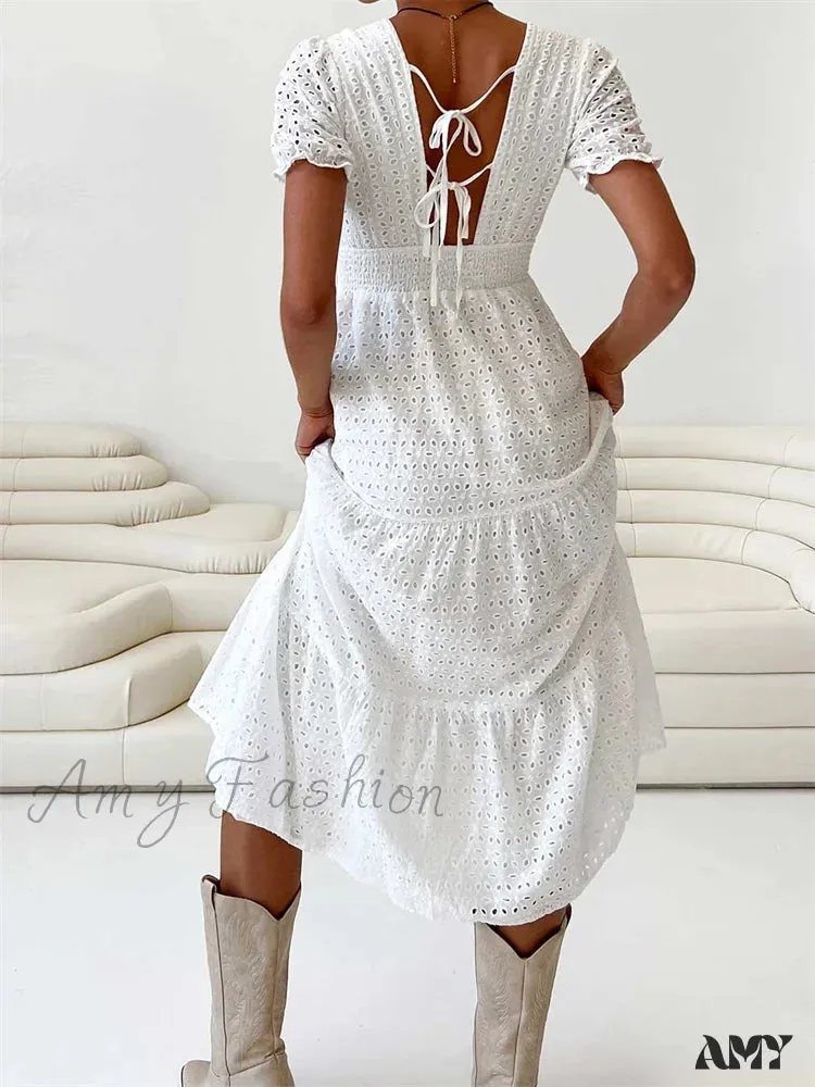 Amy Fashion - Elegant Women Summer Short Sleeve A-Line Solid V-neck Lace Floral Backless Tie-up  Party Vestido