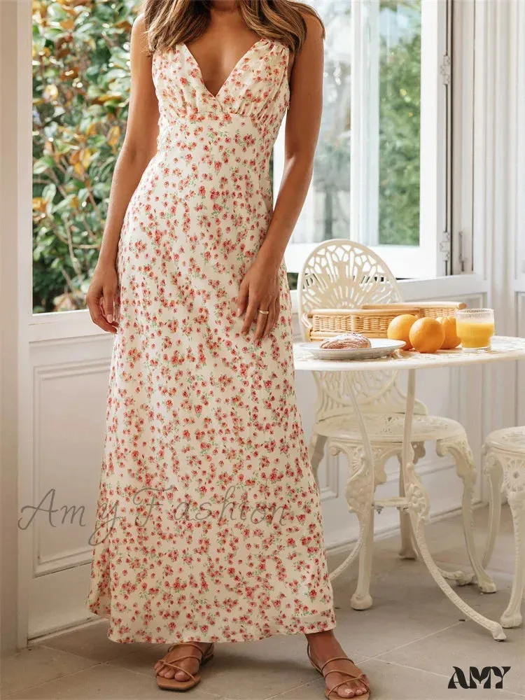 Amy Fashion - Vintage Women  Sleeveless Deep V-neck Ruched Backless Floral Print Summer Beach Female Vestidos