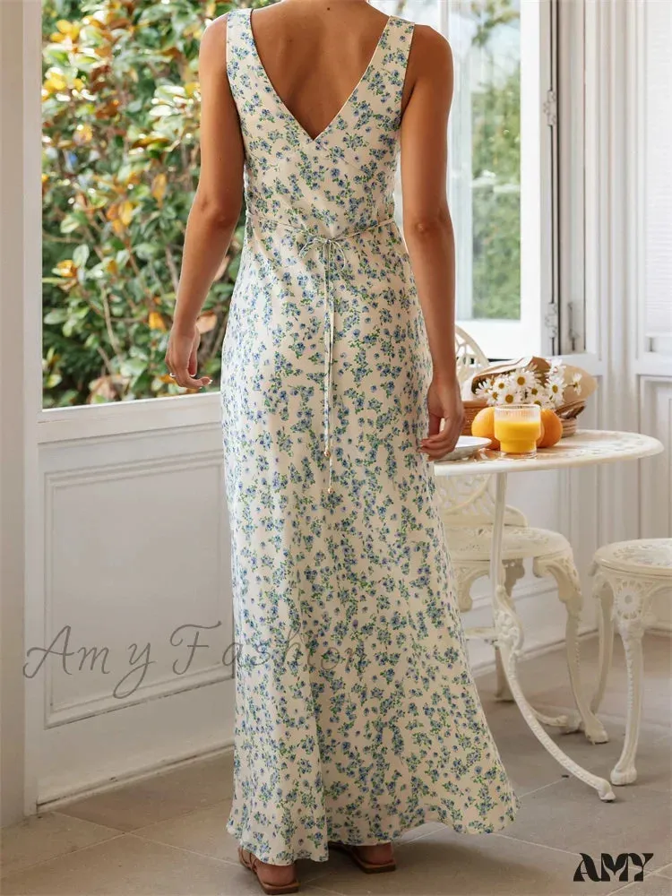Amy Fashion - Vintage Women  Sleeveless Deep V-neck Ruched Backless Floral Print Summer Beach Female Vestidos