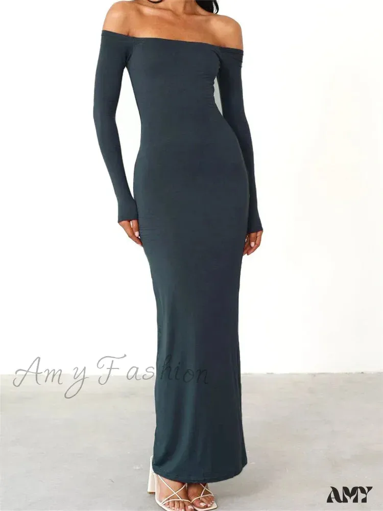Amy Fashion - Women  Elegant Slash Neck Off-shoulder Solid Color Slim Fit Fall Cocktail Party Female Vestidos