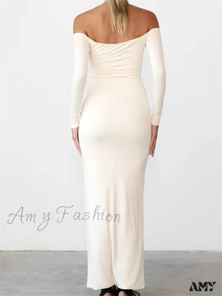 Amy Fashion - Women  Elegant Slash Neck Off-shoulder Solid Color Slim Fit Fall Cocktail Party Female Vestidos