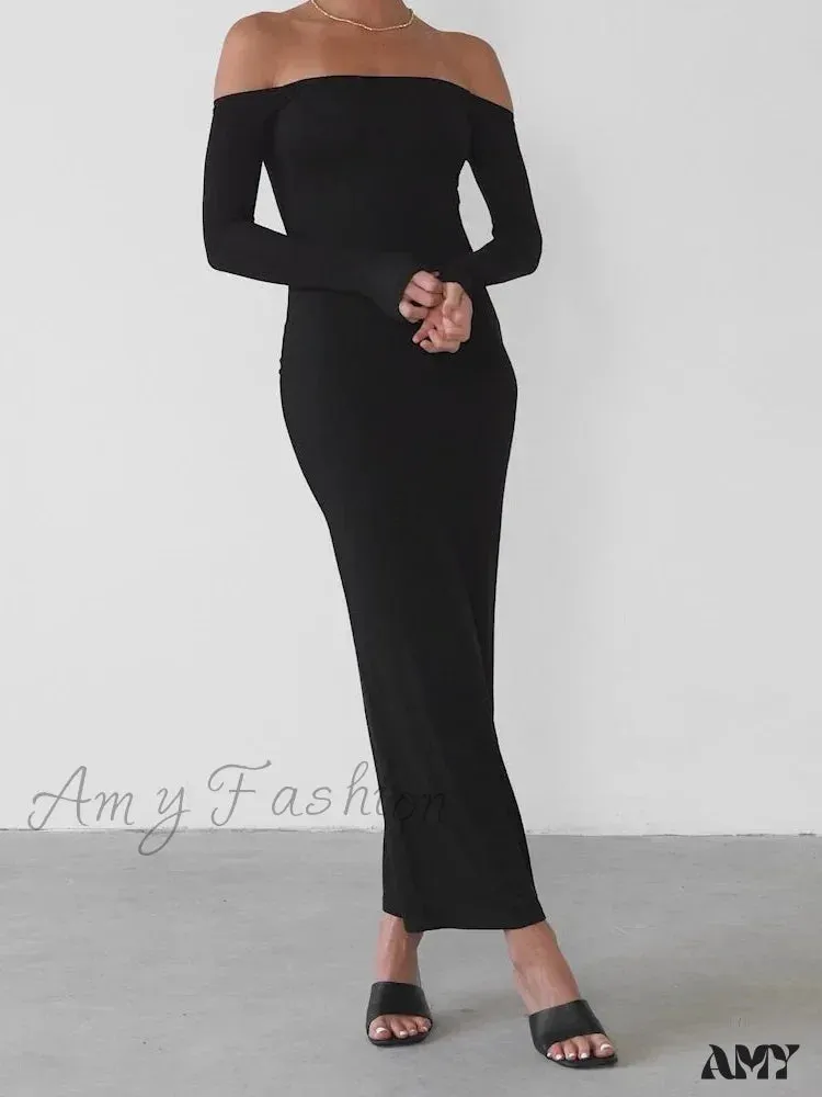 Amy Fashion - Women  Elegant Slash Neck Off-shoulder Solid Color Slim Fit Fall Cocktail Party Female Vestidos