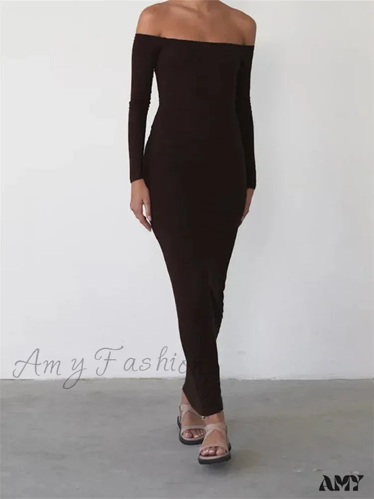 Amy Fashion - Women  Elegant Slash Neck Off-shoulder Solid Color Slim Fit Fall Cocktail Party Female Vestidos