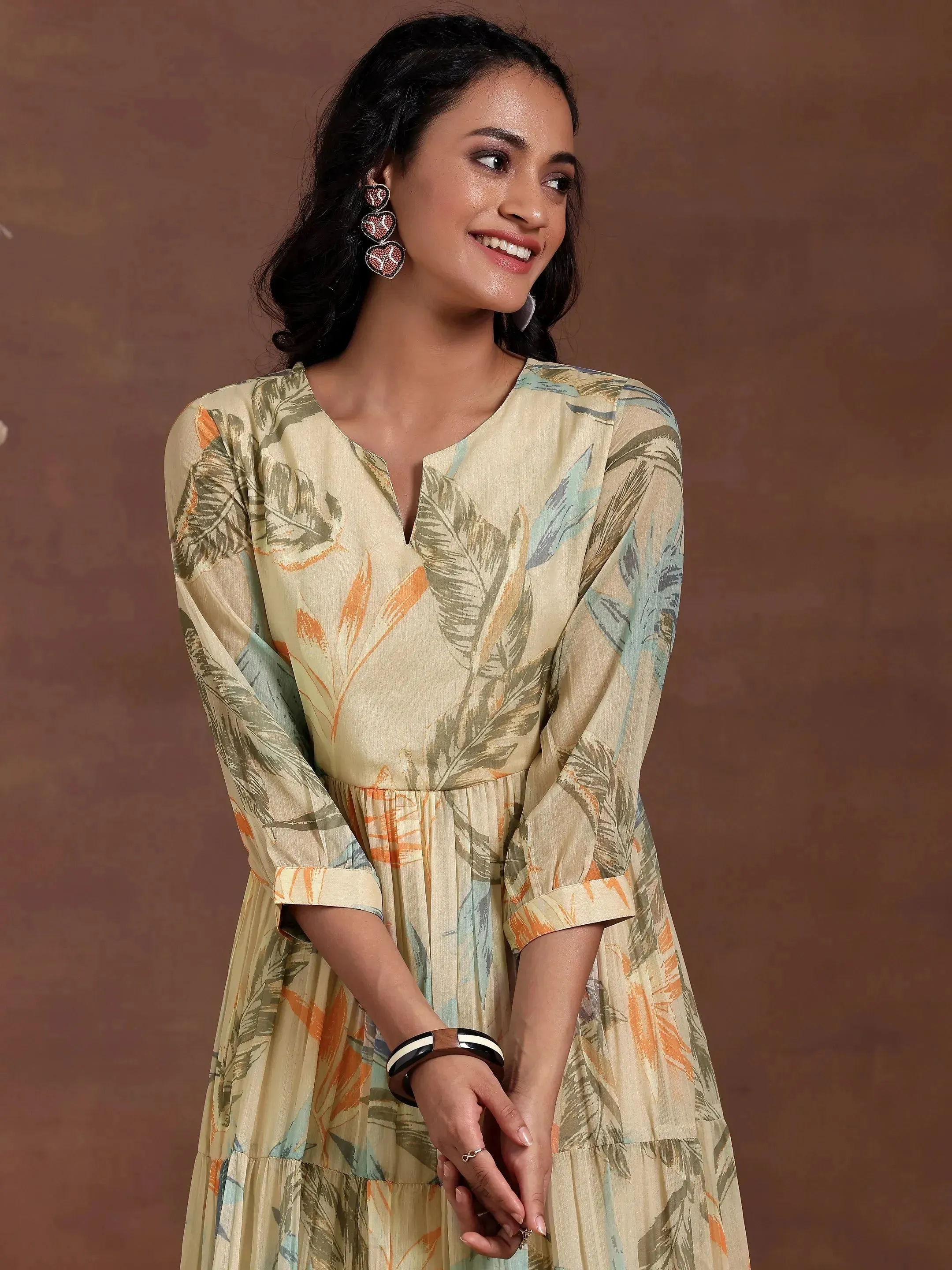 Beige Printed Chiffon Fit and Flare Dress