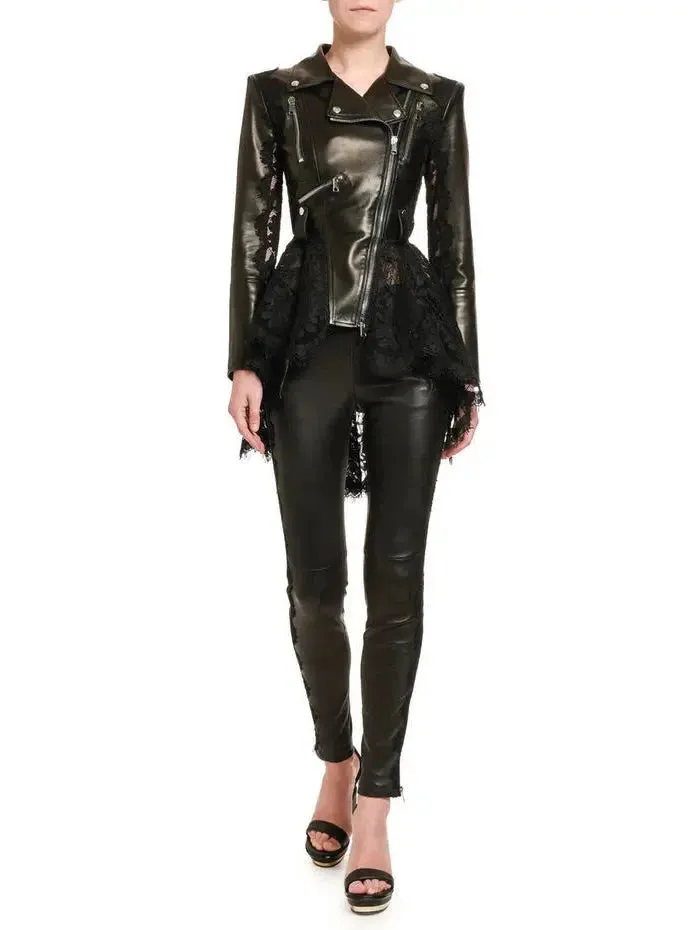 Black Lace Peplum Leather Biker Jacket