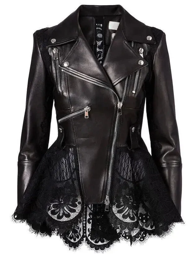 Black Lace Peplum Leather Biker Jacket