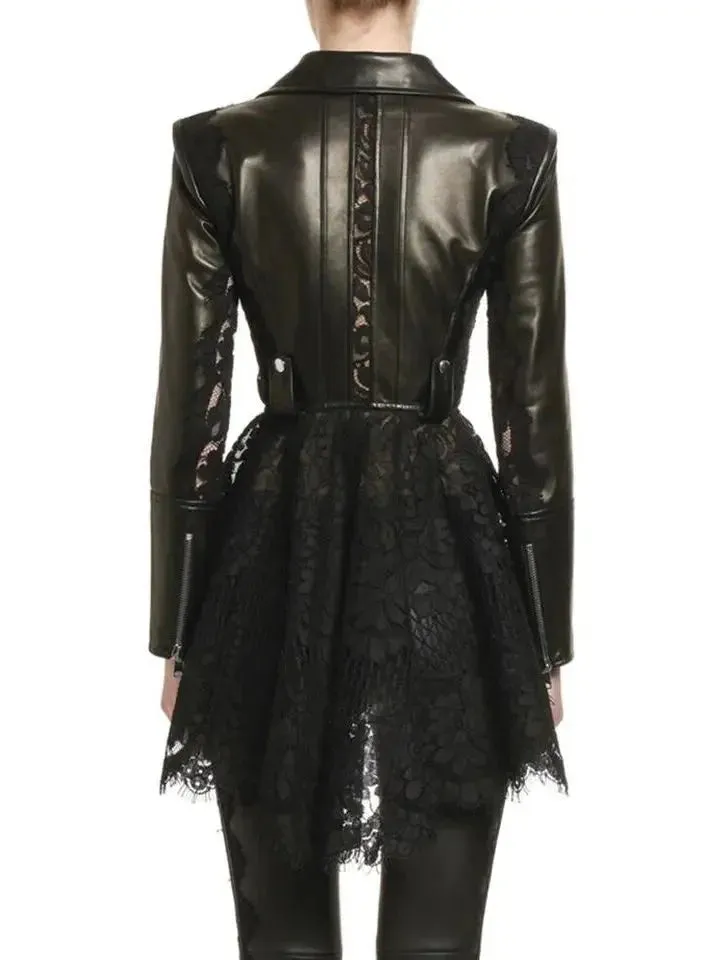 Black Lace Peplum Leather Biker Jacket