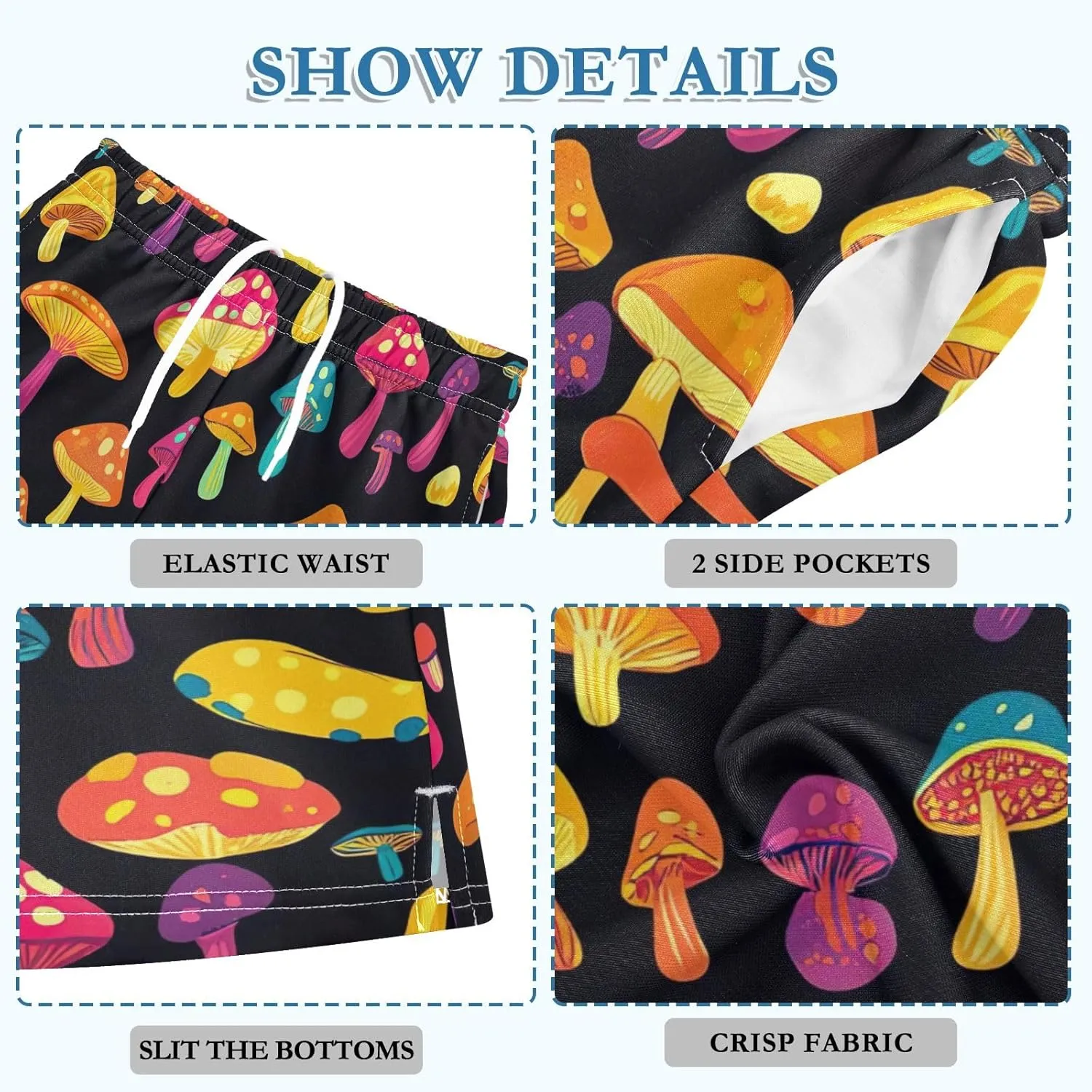 Boys Summer Casual Shorts Colorful Cartoon Mushrooms Elastic Waist Athletic Lounge Shorts with Pockets Streetwear 7-15Y