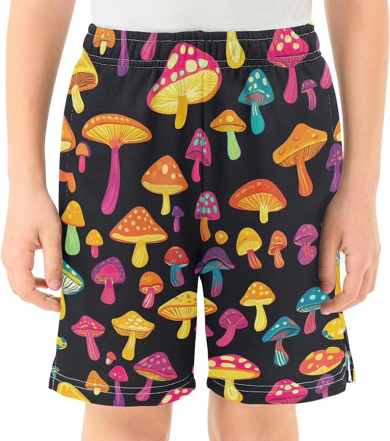 Boys Summer Casual Shorts Colorful Cartoon Mushrooms Elastic Waist Athletic Lounge Shorts with Pockets Streetwear 7-15Y