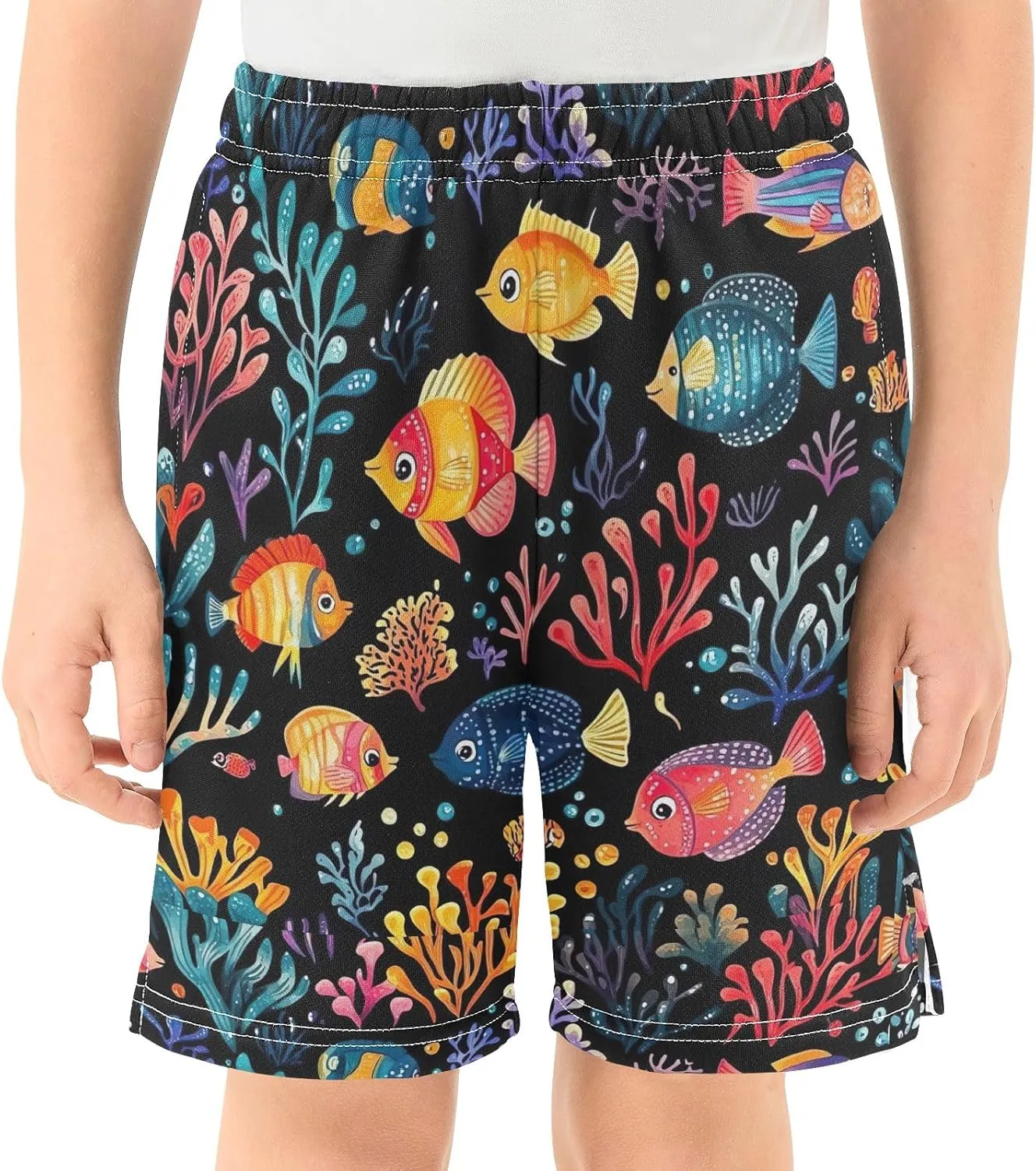 CHIFIGNO Colorful Cartoon Fish Youth Boy Shorts Sweat Shorts Elastic Waist with Pockets Homewear 7-15Y