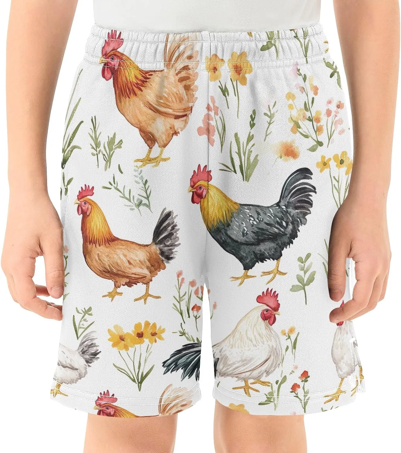 CHIFIGNO Colorful Roosters Cute Flowers Youth Boy Summer Casual Shorts with Pockets Soft Athletic Shorts Sports 7-15Y