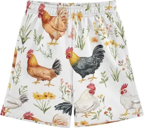 CHIFIGNO Colorful Roosters Cute Flowers Youth Boy Summer Casual Shorts with Pockets Soft Athletic Shorts Sports 7-15Y