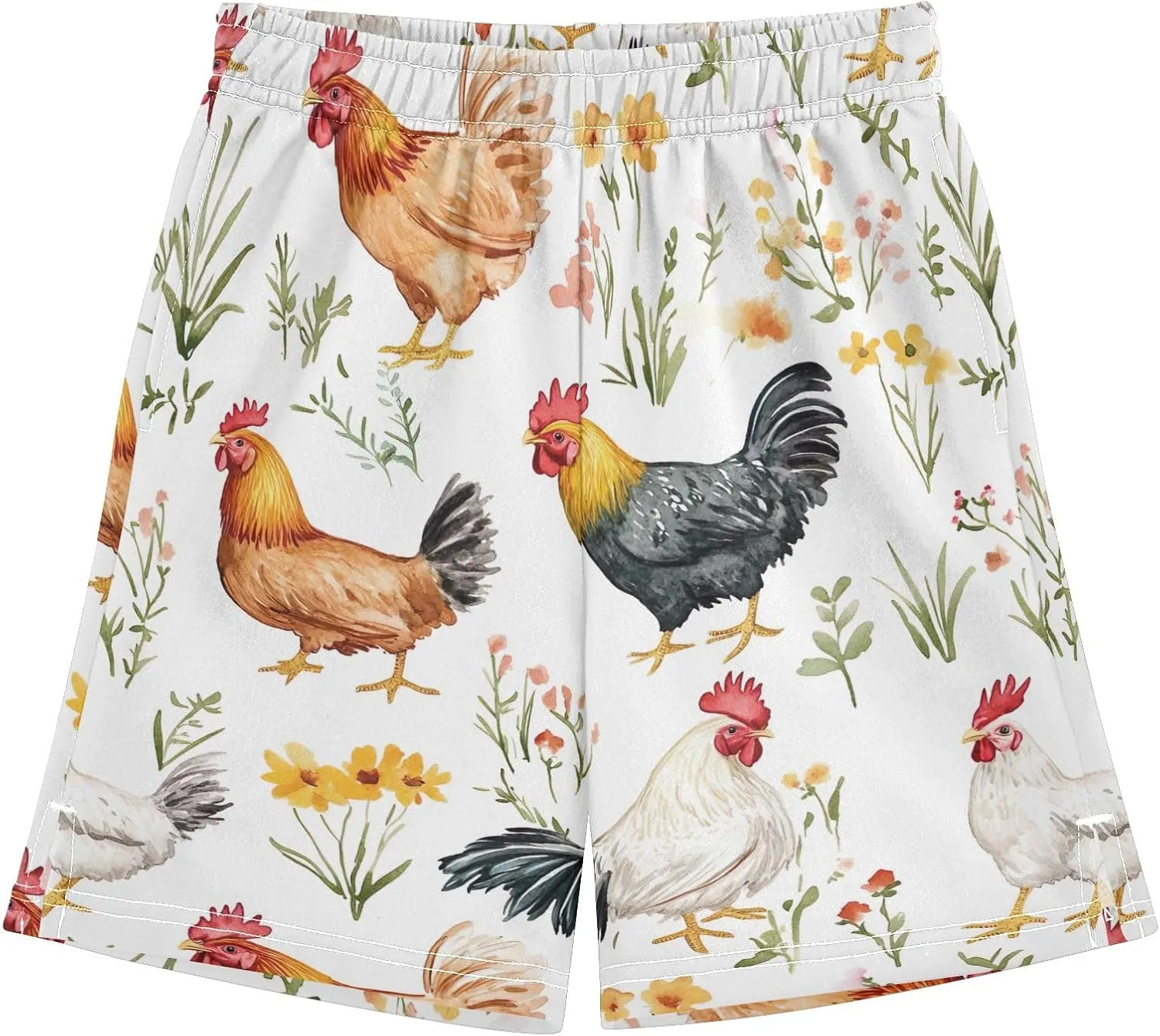 CHIFIGNO Colorful Roosters Cute Flowers Youth Boy Summer Casual Shorts with Pockets Soft Athletic Shorts Sports 7-15Y