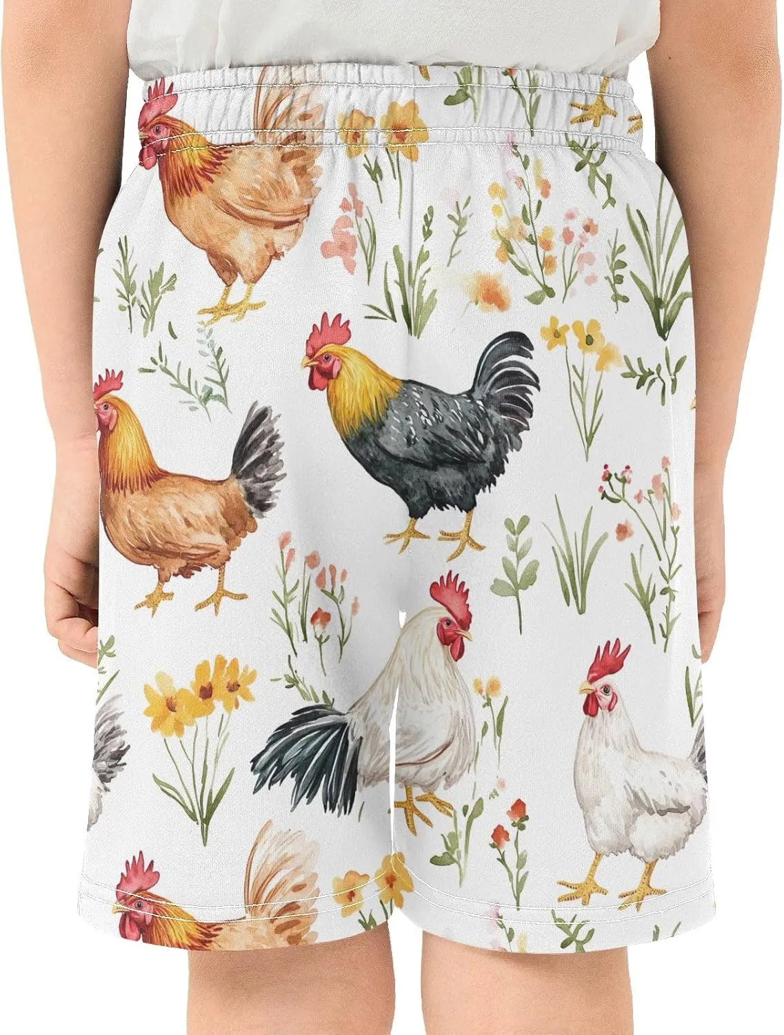 CHIFIGNO Colorful Roosters Cute Flowers Youth Boy Summer Casual Shorts with Pockets Soft Athletic Shorts Sports 7-15Y