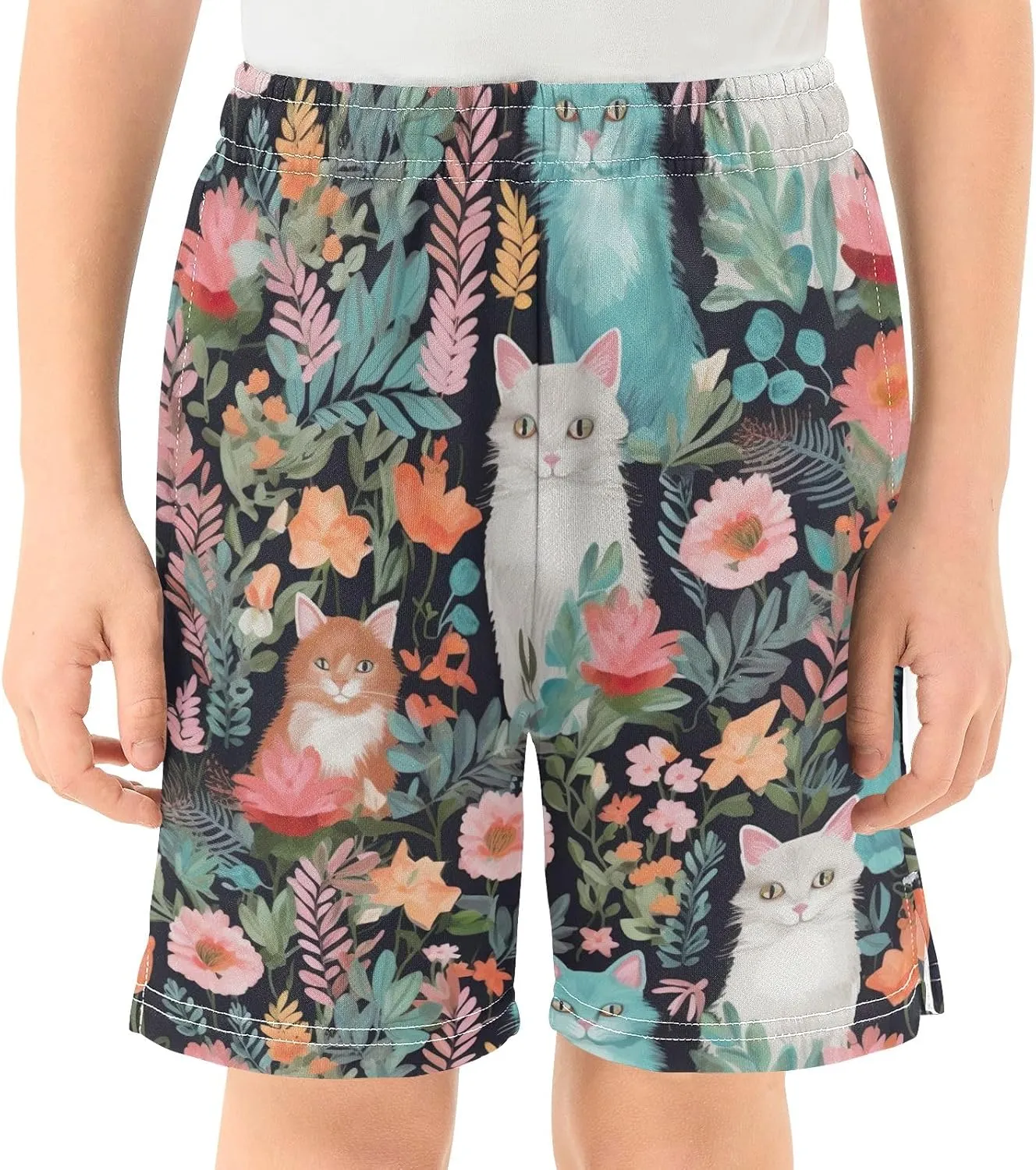 Colorful Cats Flowers Boys' Casual Shorts with Pockets Elastic Waist Athletic Gym Shorts Streetwear 7-15Y