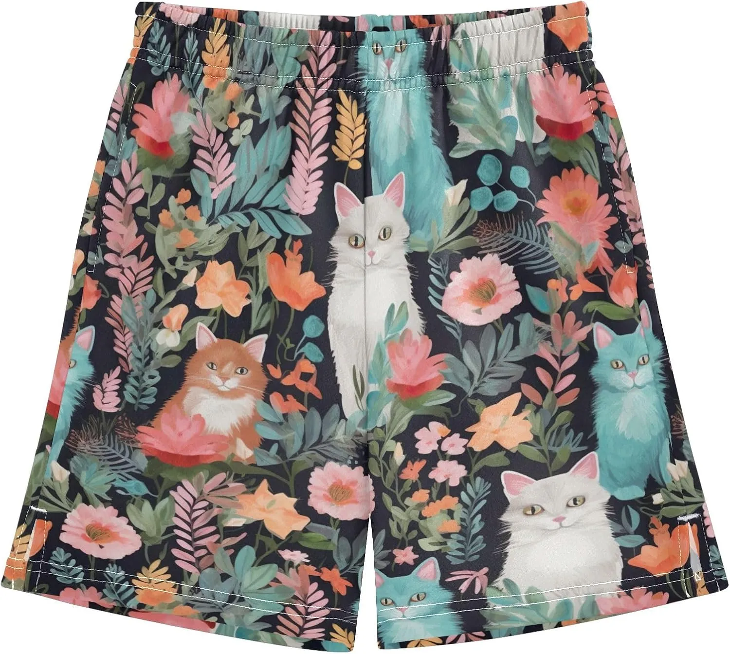 Colorful Cats Flowers Boys' Casual Shorts with Pockets Elastic Waist Athletic Gym Shorts Streetwear 7-15Y