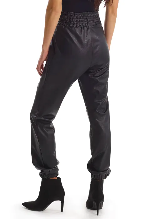COMMANDO FAUX LEATHER SMOCKED JOGGER BLACK