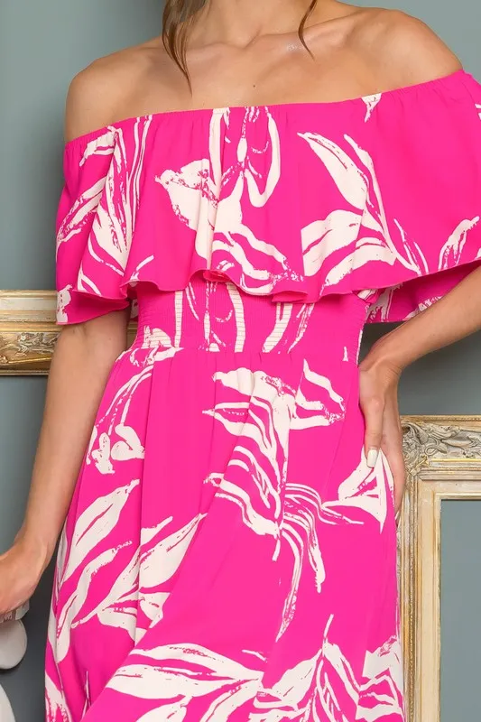 Fuchsia Off-The -Shoulder Floral Chiffon Maxi