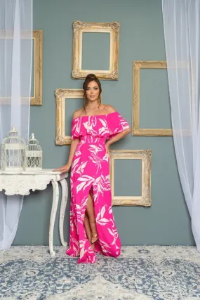 Fuchsia Off-The -Shoulder Floral Chiffon Maxi