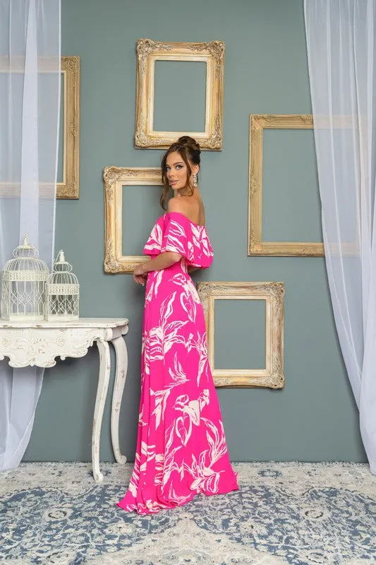 Fuchsia Off-The -Shoulder Floral Chiffon Maxi