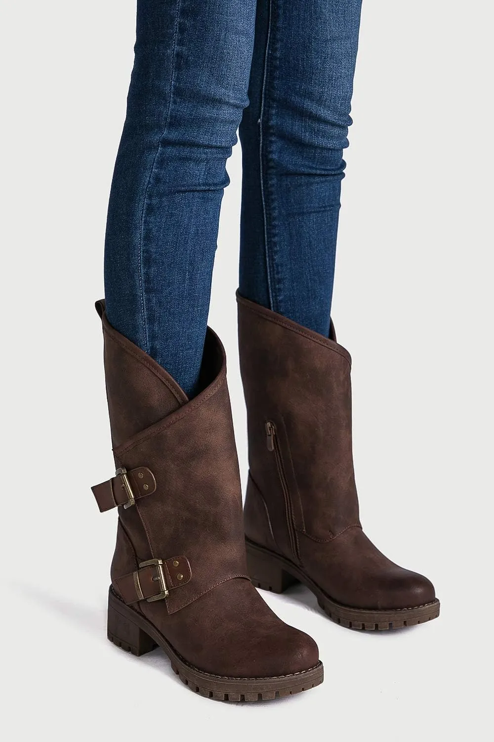GLOBALWIN Women's The Twisted Rider Motorcycle Boots Mid-Calf Fashion Boots For Women Low Heel