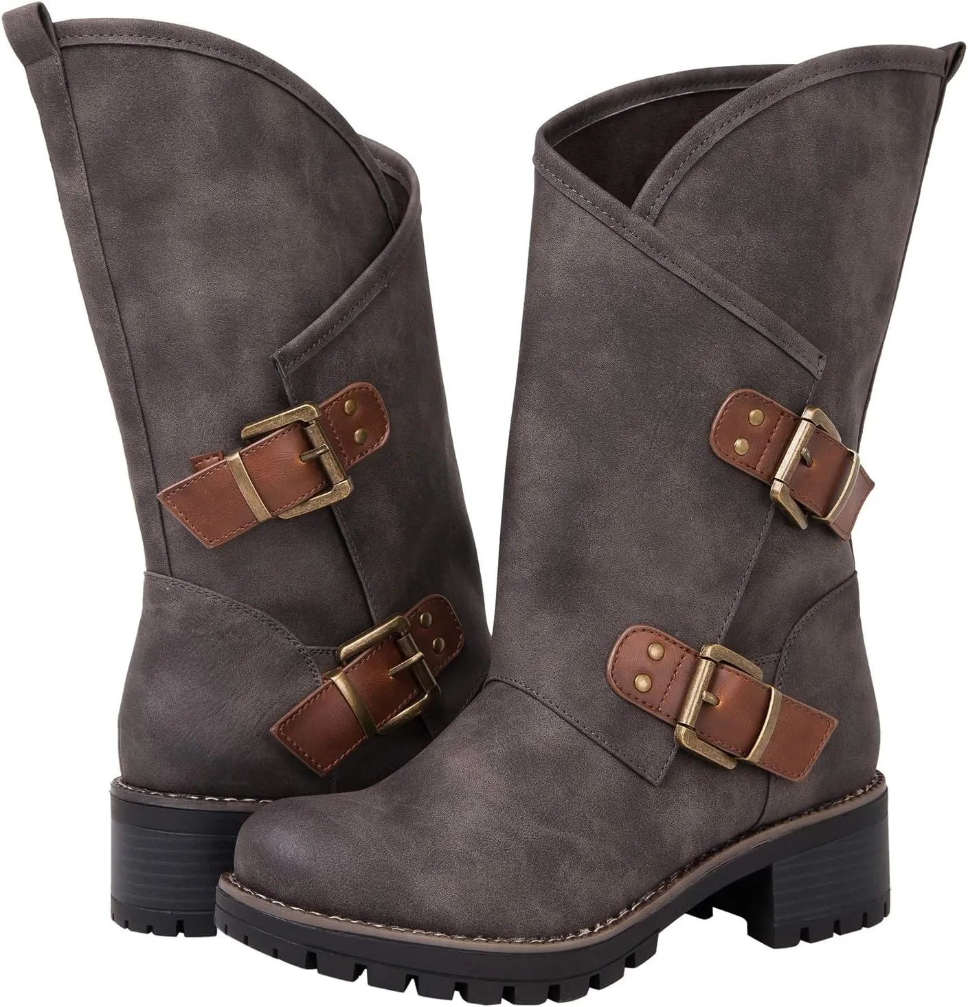 GLOBALWIN Women's The Twisted Rider Motorcycle Boots Mid-Calf Fashion Boots For Women Low Heel