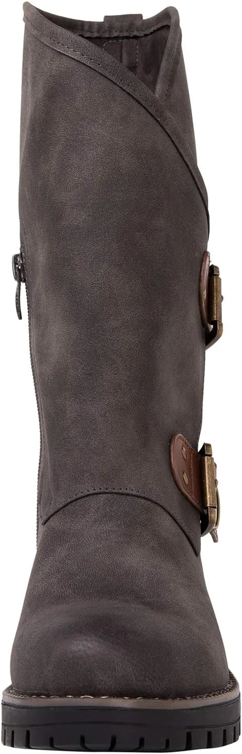GLOBALWIN Women's The Twisted Rider Motorcycle Boots Mid-Calf Fashion Boots For Women Low Heel