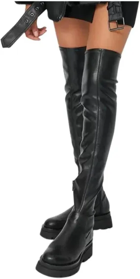 Hbeylia Platform Tight High Boots for Women Ladies Fashion Stretch Knitted Leather Round Toe Chunky Bottom Slip On Flats Over The Knee Boots Casual Non Slip Winter Fall Long Tall Boots for Wedding
