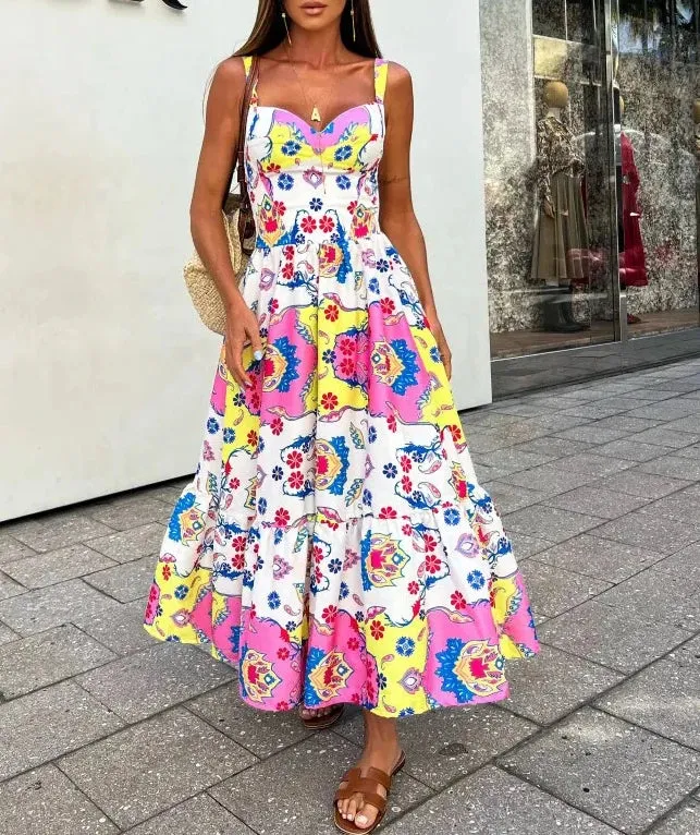 Holiday Long Beach Women Summer New Fashion Suspender Large Swing Female Print Graffiti Sleeveless Maxi Dress