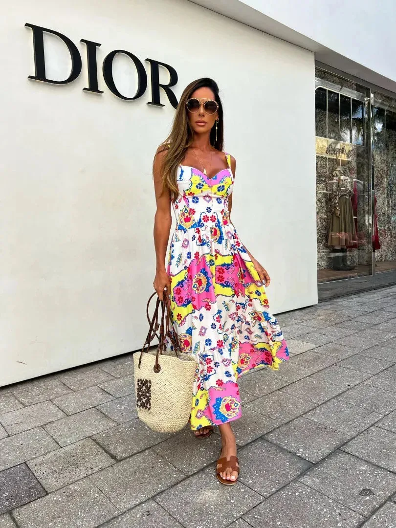 Holiday Long Beach Women Summer New Fashion Suspender Large Swing Female Print Graffiti Sleeveless Maxi Dress