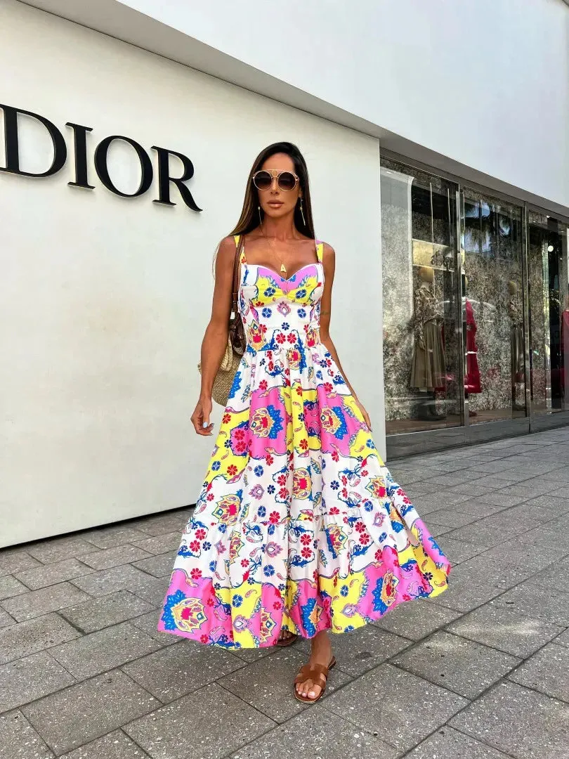 Holiday Long Beach Women Summer New Fashion Suspender Large Swing Female Print Graffiti Sleeveless Maxi Dress
