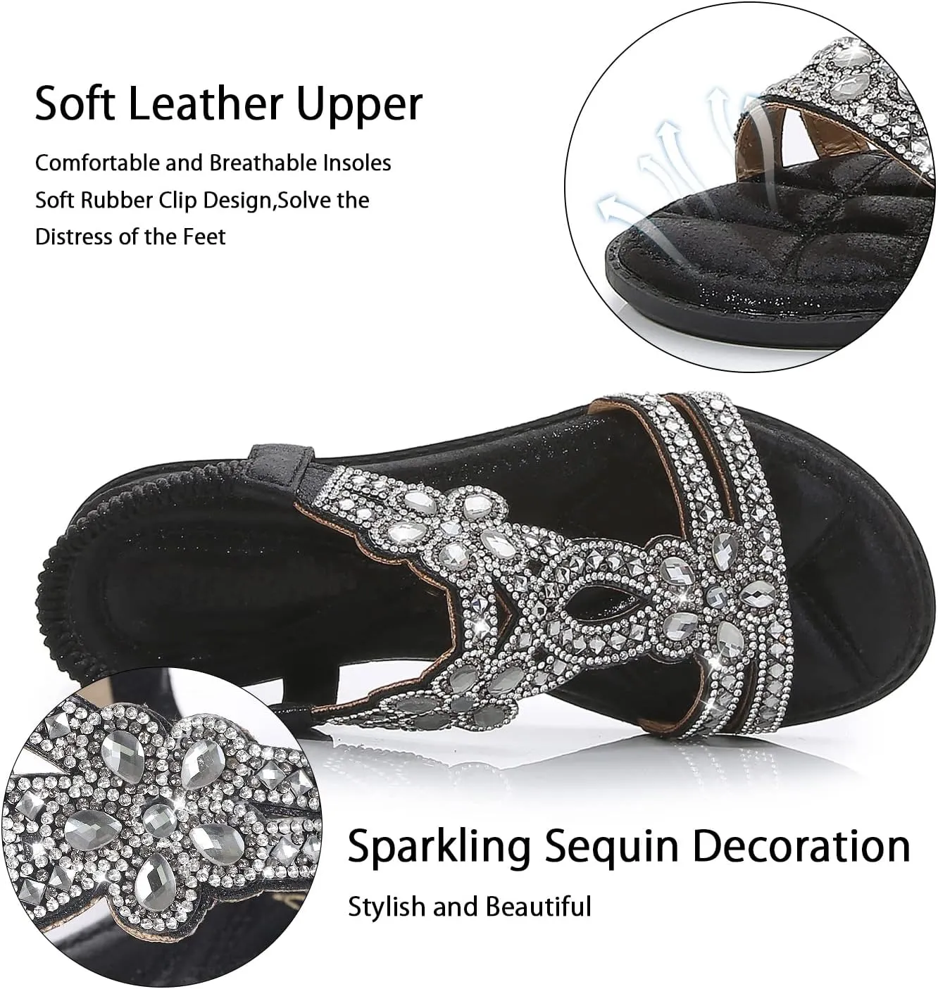 iCKER Women Rhinestone Sandals T-Strap Buckle Bohemian Pearl Crystal Flat Sandals