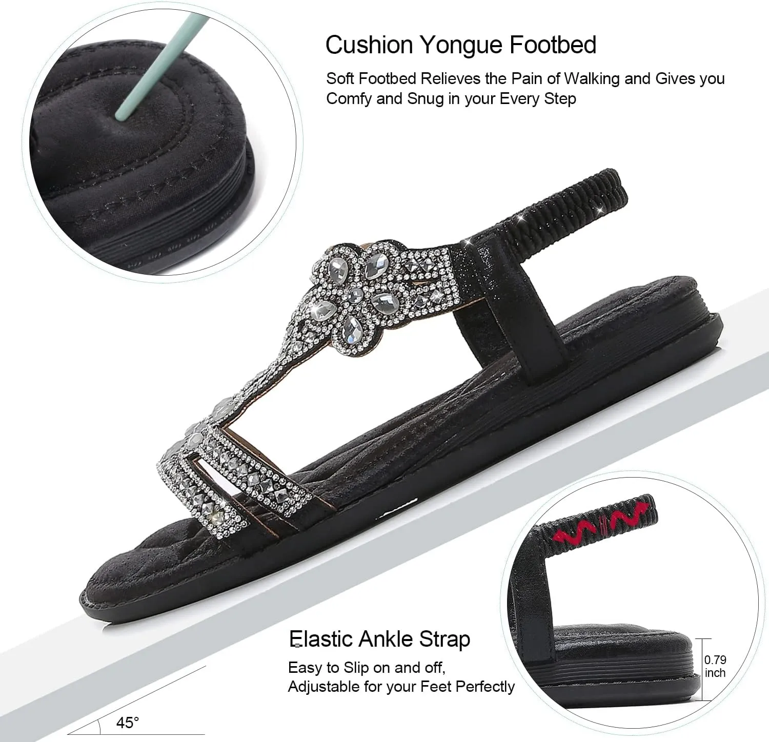iCKER Women Rhinestone Sandals T-Strap Buckle Bohemian Pearl Crystal Flat Sandals