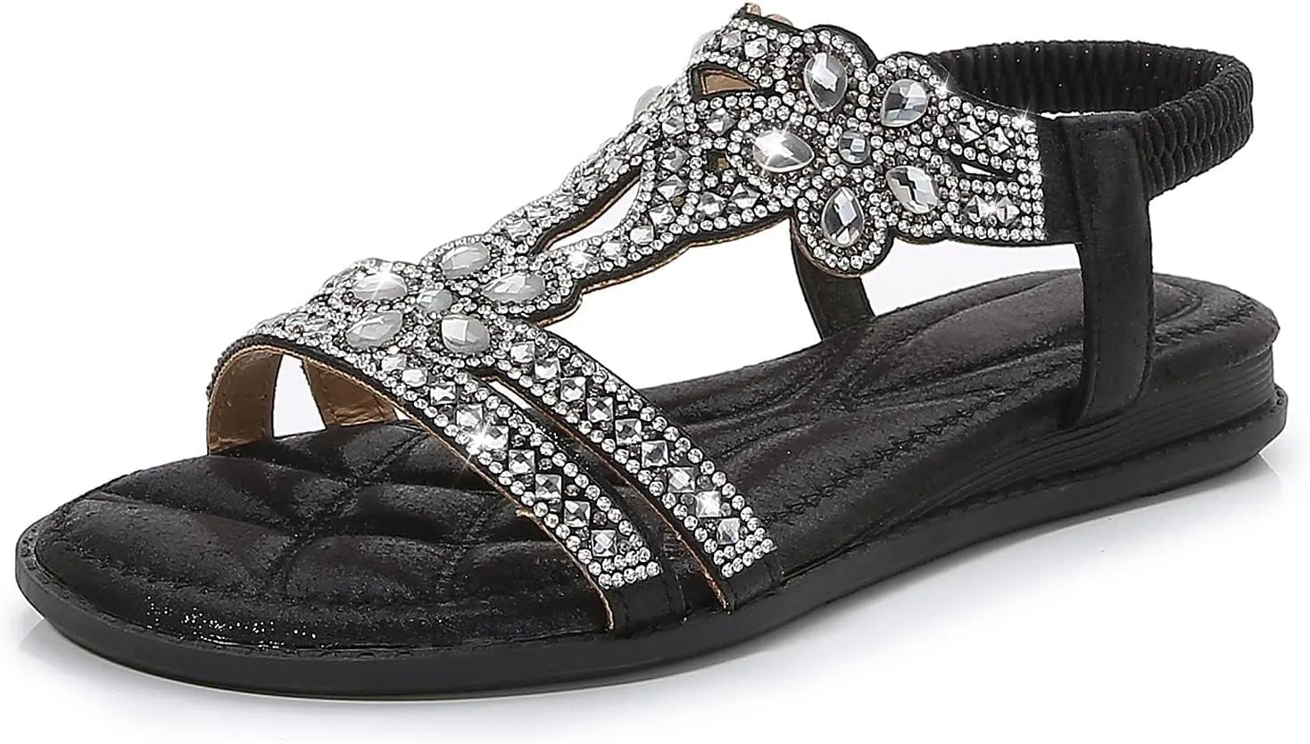 iCKER Women Rhinestone Sandals T-Strap Buckle Bohemian Pearl Crystal Flat Sandals