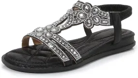 iCKER Women Rhinestone Sandals T-Strap Buckle Bohemian Pearl Crystal Flat Sandals