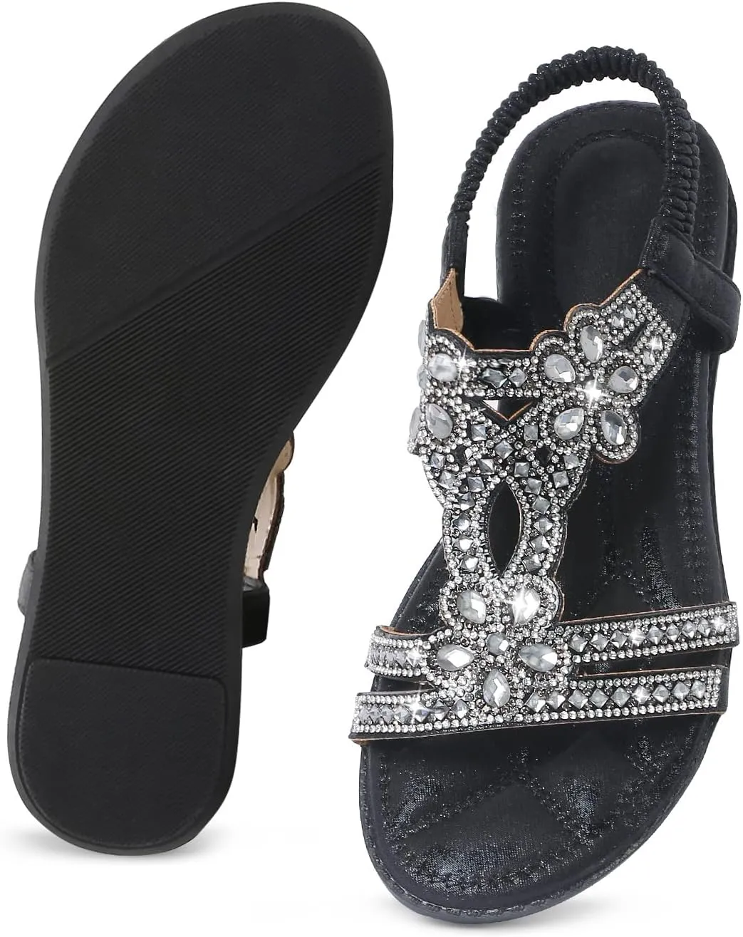 iCKER Women Rhinestone Sandals T-Strap Buckle Bohemian Pearl Crystal Flat Sandals