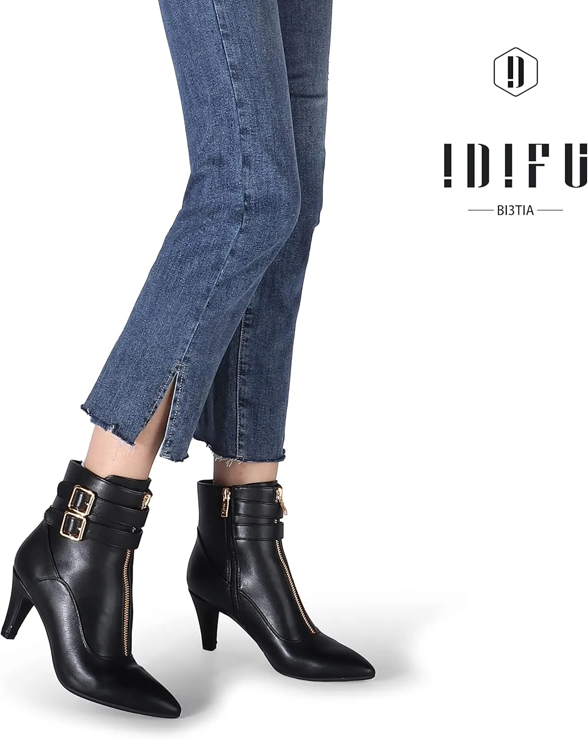 IDIFU Women's Buckle Strap Ankle Booties 3 Inch Pointed Toe Zipper Heels Dress Jeans Boots