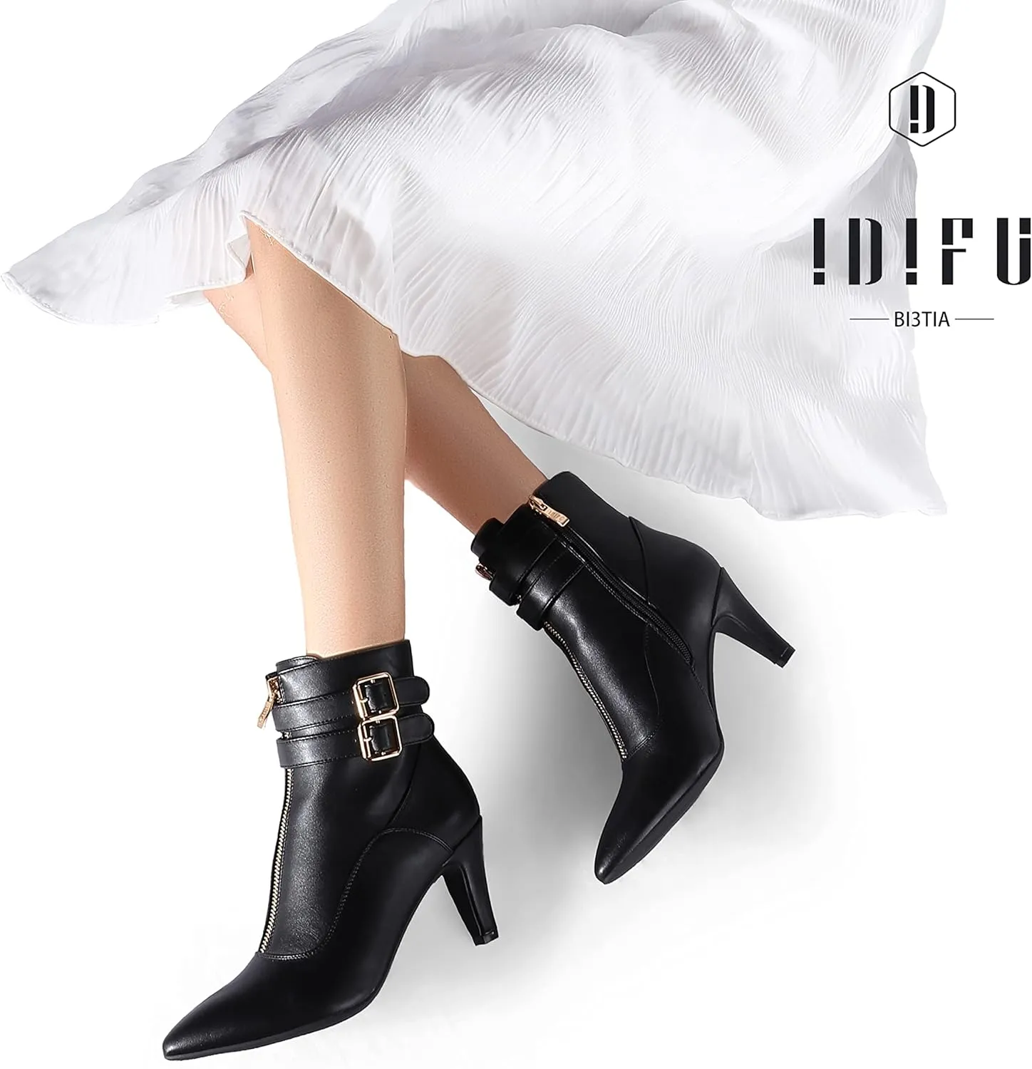 IDIFU Women's Buckle Strap Ankle Booties 3 Inch Pointed Toe Zipper Heels Dress Jeans Boots