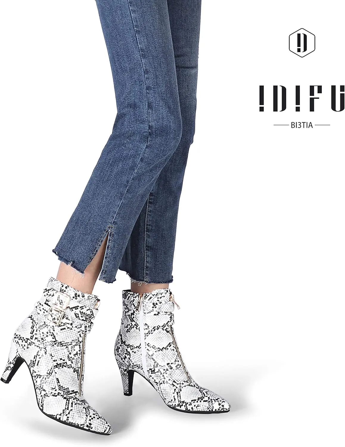 IDIFU Women's Buckle Strap Ankle Booties 3 Inch Pointed Toe Zipper Heels Dress Jeans Boots