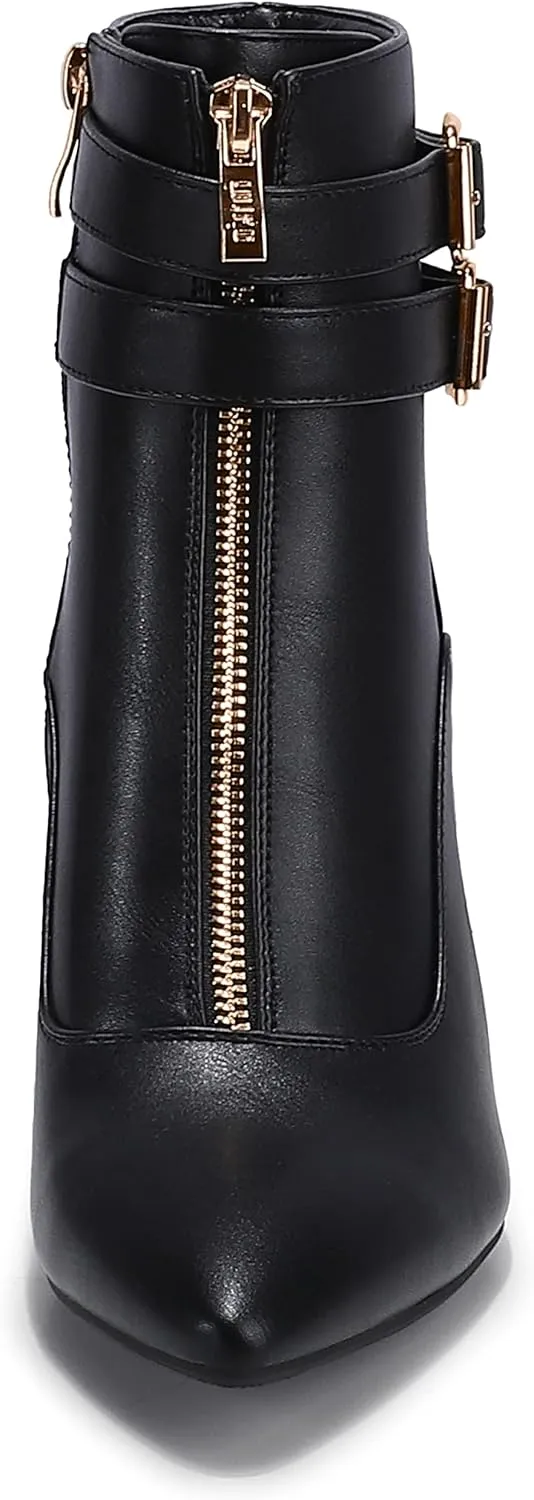 IDIFU Women's Buckle Strap Ankle Booties 3 Inch Pointed Toe Zipper Heels Dress Jeans Boots