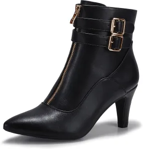 IDIFU Women's Buckle Strap Ankle Booties 3 Inch Pointed Toe Zipper Heels Dress Jeans Boots
