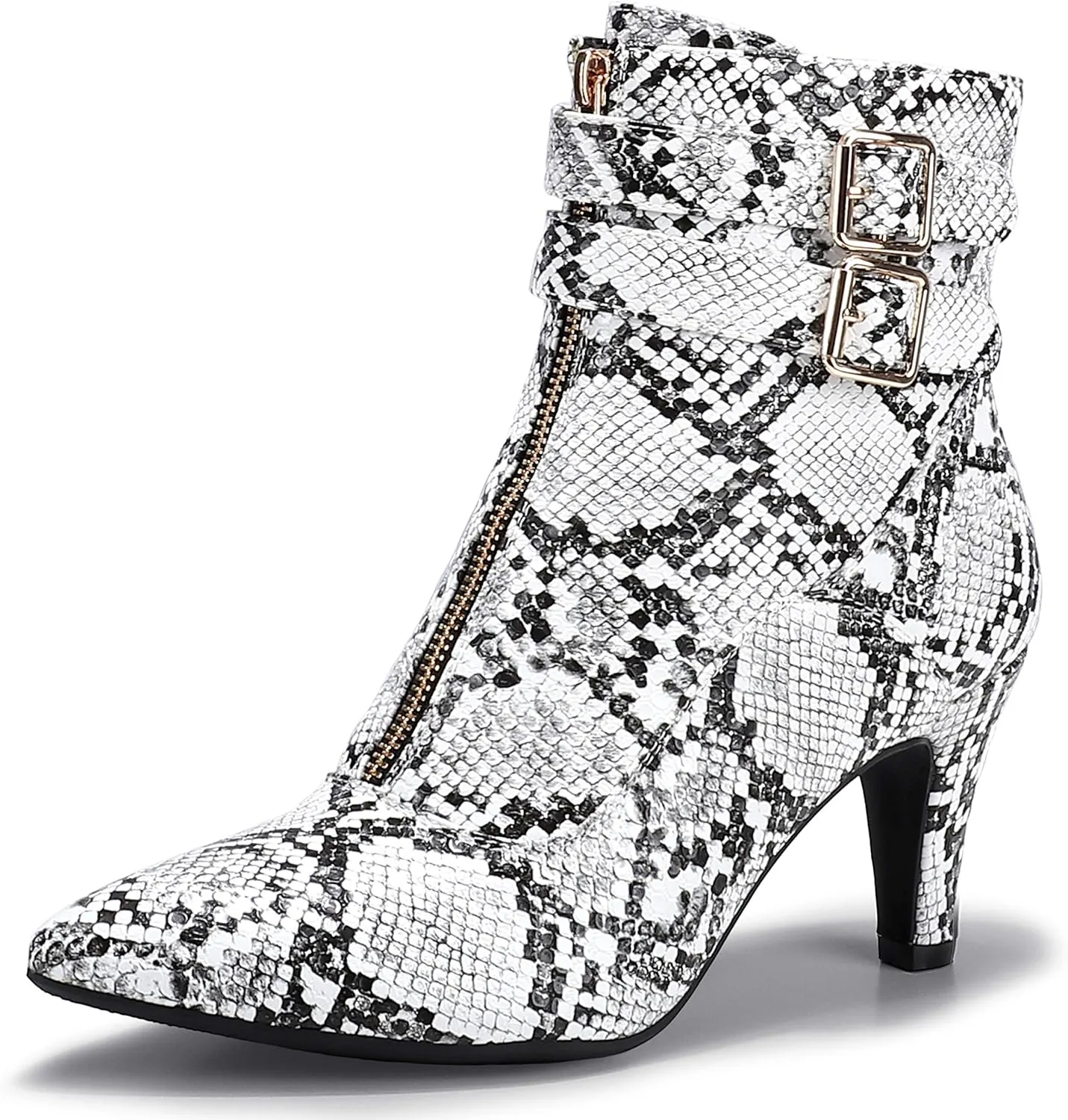 IDIFU Women's Buckle Strap Ankle Booties 3 Inch Pointed Toe Zipper Heels Dress Jeans Boots