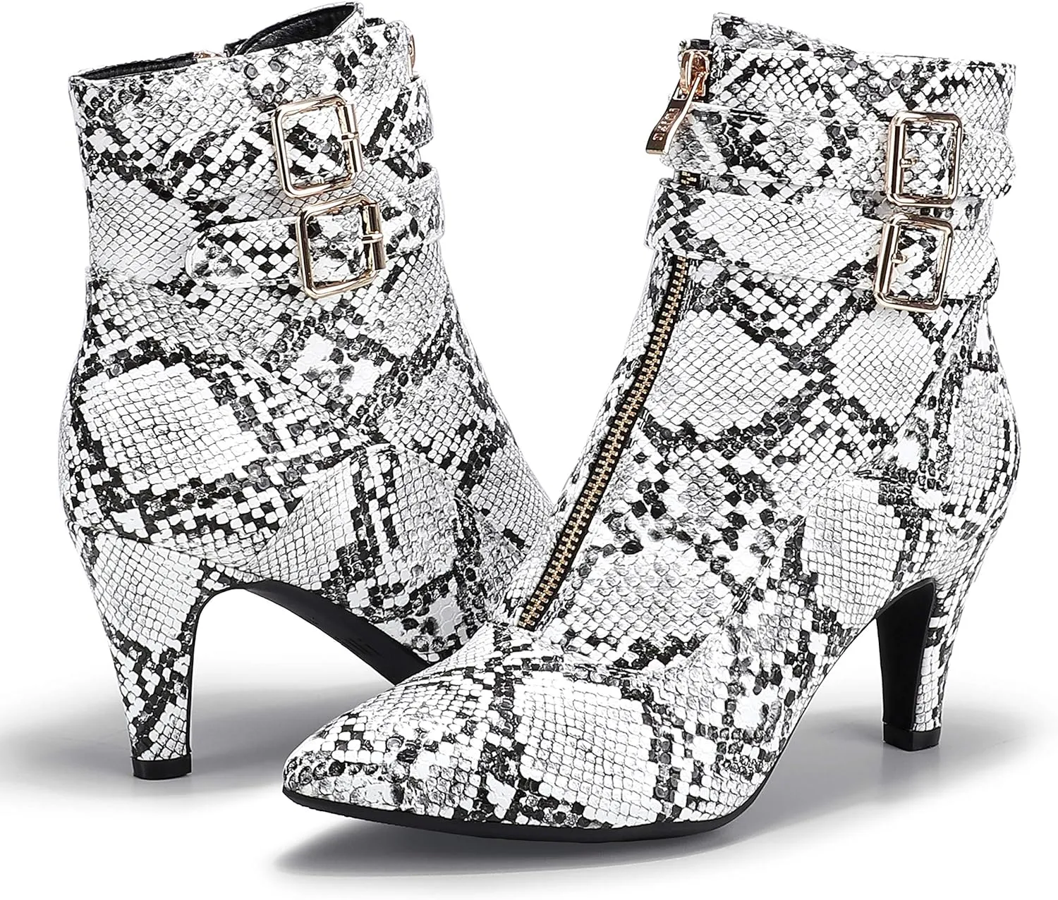 IDIFU Women's Buckle Strap Ankle Booties 3 Inch Pointed Toe Zipper Heels Dress Jeans Boots