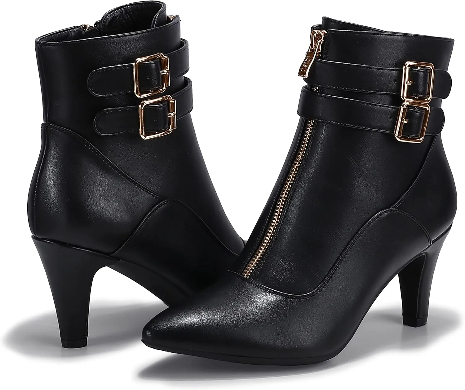 IDIFU Women's Buckle Strap Ankle Booties 3 Inch Pointed Toe Zipper Heels Dress Jeans Boots