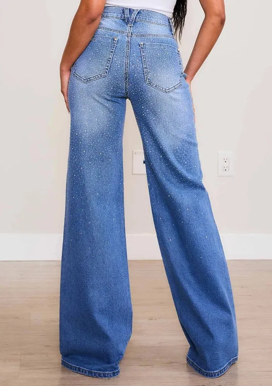 Iridescent Rhinestone High-Rise Wide Leg Jeans Medium Stone
