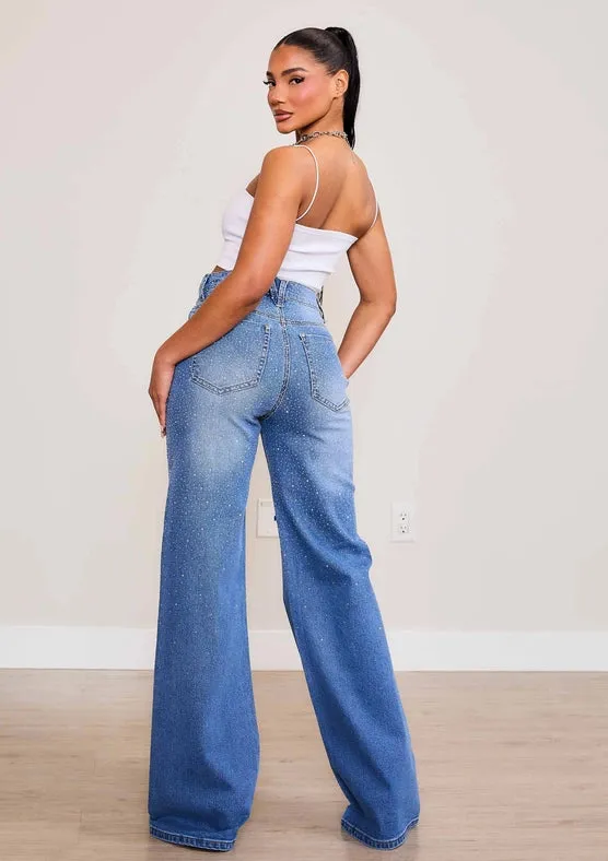 Iridescent Rhinestone High-Rise Wide Leg Jeans Medium Stone