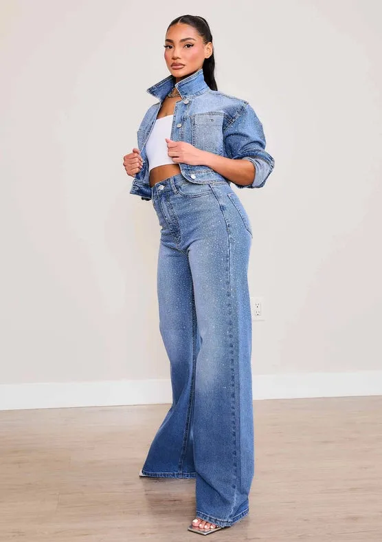 Iridescent Rhinestone High-Rise Wide Leg Jeans Medium Stone