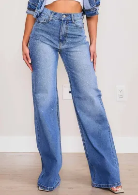 Iridescent Rhinestone High-Rise Wide Leg Jeans Medium Stone